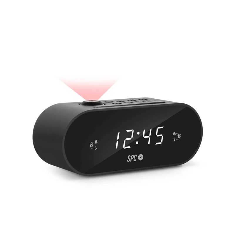SPC Frodi Max Compact Radio Alarm Clock with Adjustable Time Projector, Large Snooze/Sleep Button, Double Alarm, XL Display, Large Digits, Buffer Battery - Black