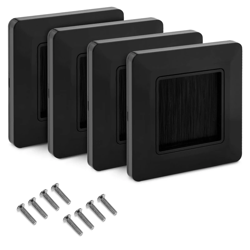 kwmobile Flush Brush Wall Plate - 4X European Single Gang Flush Wall Mounted Brush Faceplate to Cover Outlets, Sockets and Tidy Up Wires - Black