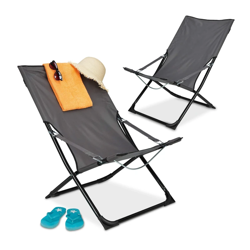 Relaxdays Set of 2 Folding High-Backed Camping Chairs with Armrests, Garden, Balcony, H x W x D 85 cm, Grey