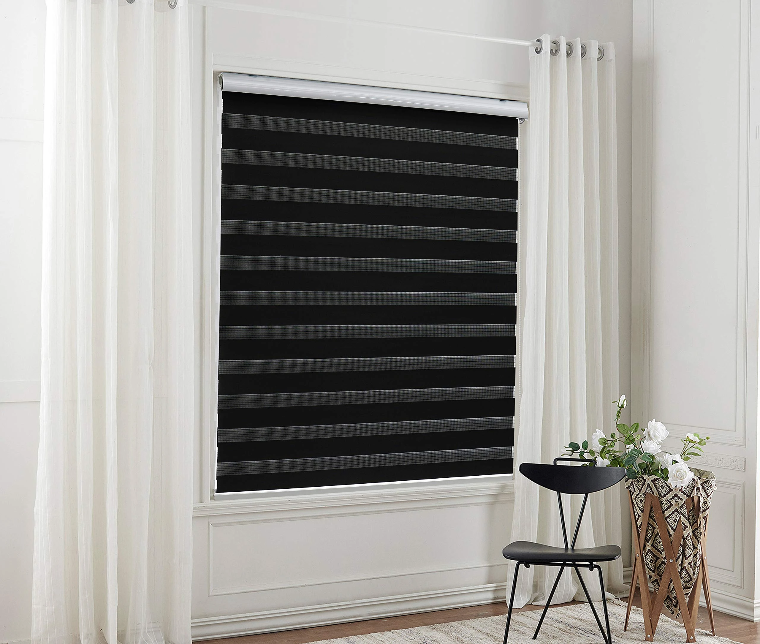 Taiyuhomes Day and Night Zebra Roller Blind Gradient Double Fabric Translucent or Blackout Vision Curtains for Window and Door with Aluminium Cassette (Pure black, Width 70cm X Height 150cm)