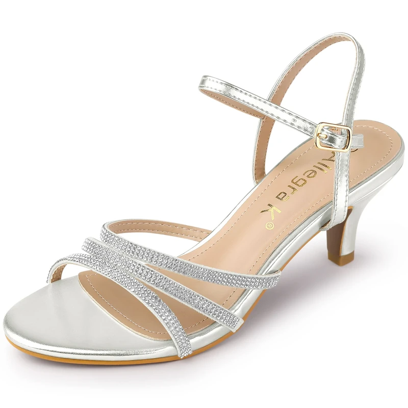 Allegra K Women's Ankle Strap Rhinestone Kitten Heel Sandals, Silver, 6.5 UK