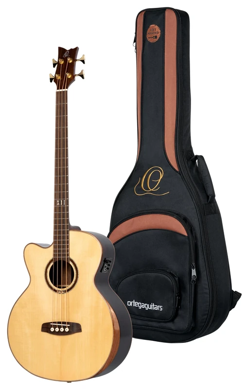 Ortega Guitars Bass Electro-Acoustic Left-Handed – Medium Scale, with Cutaway, Armrest – The Private Room Series – Solid Alaskan Spruce / Striped Ebony, Gloss Natural (STRIPSU.ACB-L)