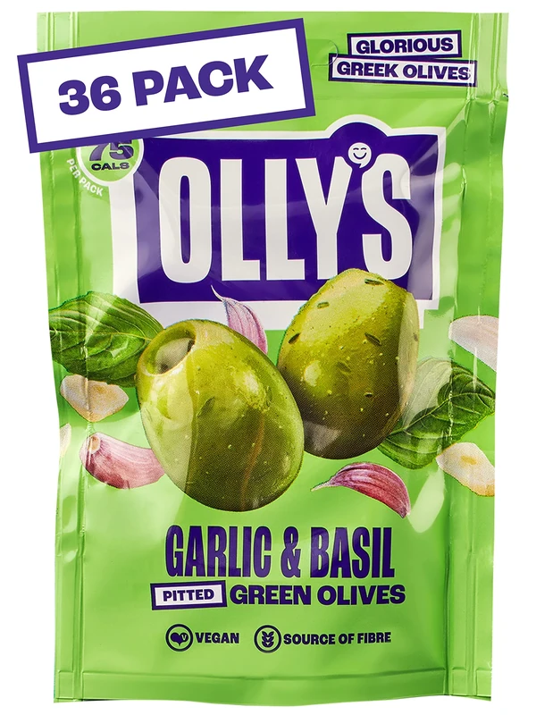 Olly's Olives, Garlic & Basil, 50g (Pack of 36), 100% Natural Ingredients, Handy Snack Pouches, Healthy Vegan Snacks, Low Calorie, Source of Fibre, No Preservatives, Gluten Free