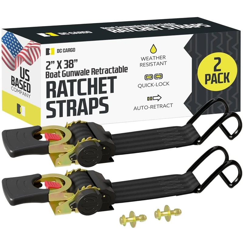 DC Cargo Boat Retractable Ratchet Strap Heavy Duty Gunwale Kit & Transom Tie Down Straps & | Heavy-Duty 2-Inch x 38-Inch Straps for Secure Boat or Jet Ski Trailer Transport | 2500 lbs Break Strength