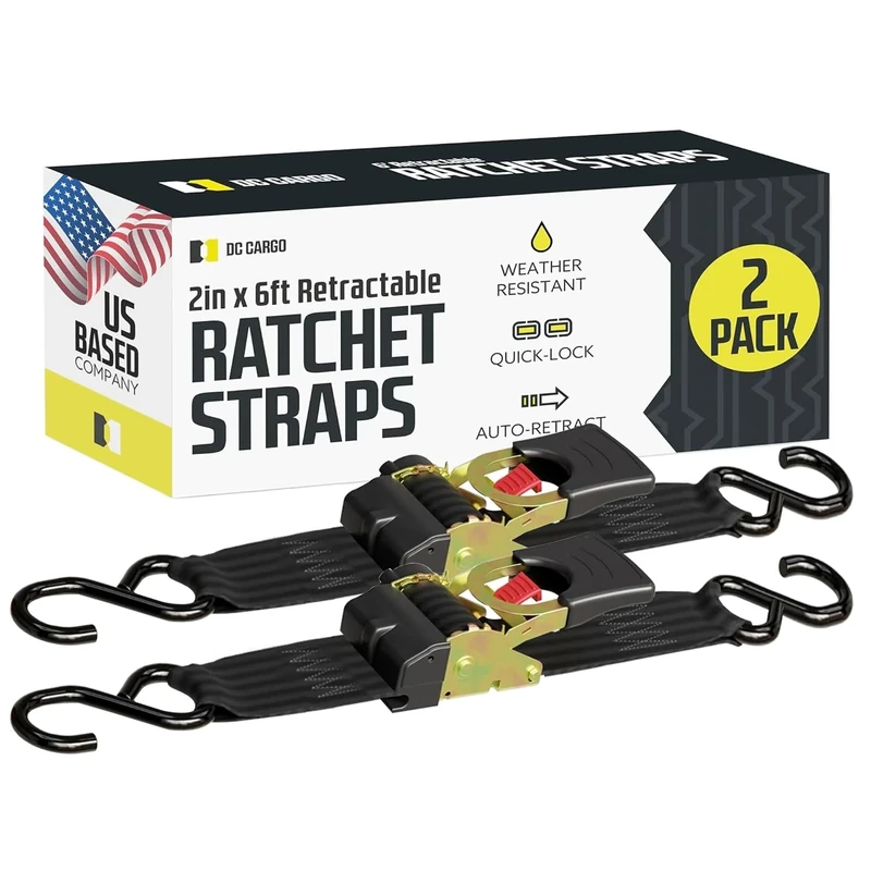 DC Cargo - Retractable Ratchet Strap, 2 Pack (2 inch x 6 feet) - Heavy Duty Tie Down Auto Retractable Ratchet Straps - Easy Self Contained Black Ratchet Strap Tie Downs for Trailers, Vehicles, Boat