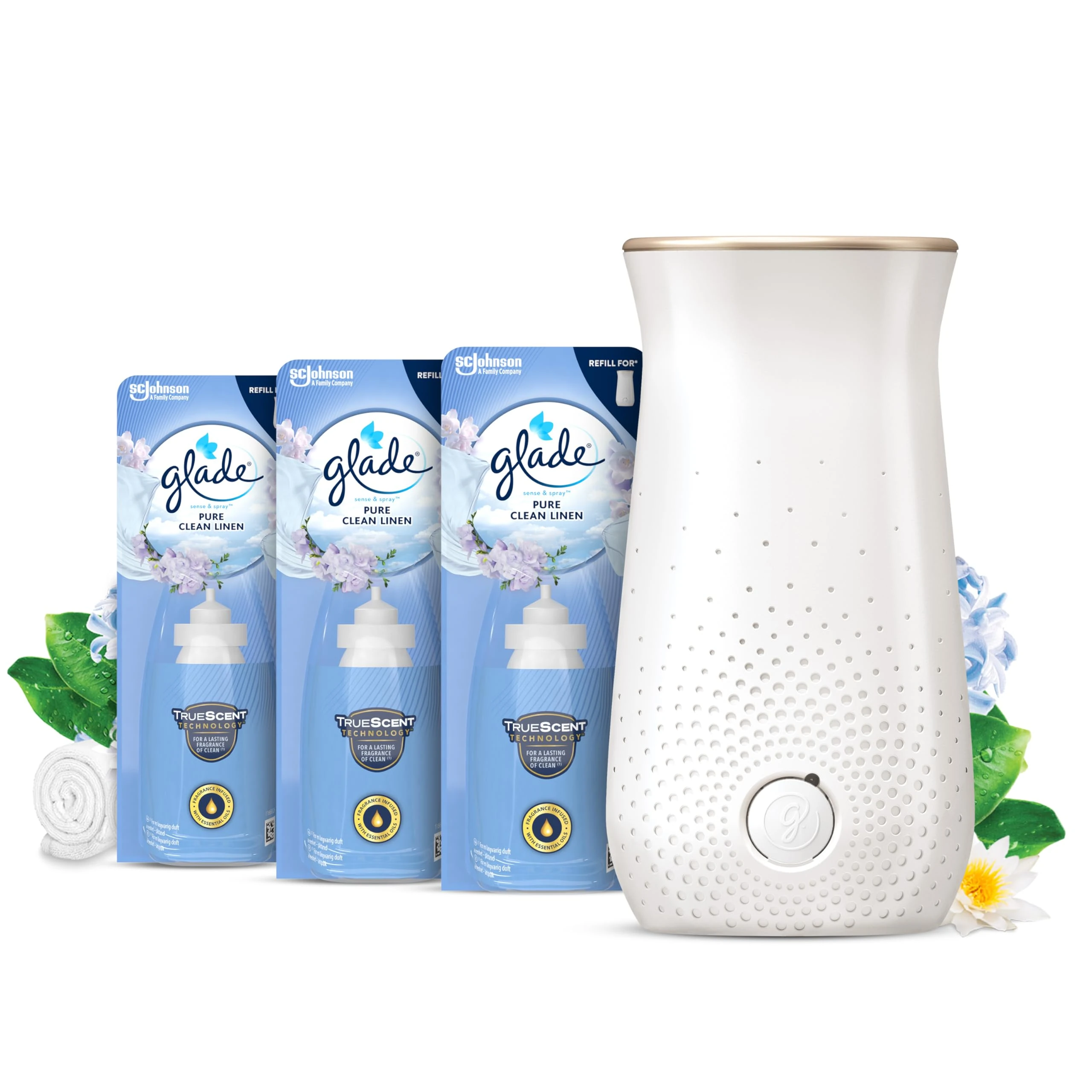 Glade Sense & Spray Air Freshener Holder and Refills, Motion Activated Automatic Room Spray and Odour Eliminator for Home, Clean Linen, 1 Holder and 3 Refills (3 x 18ml)