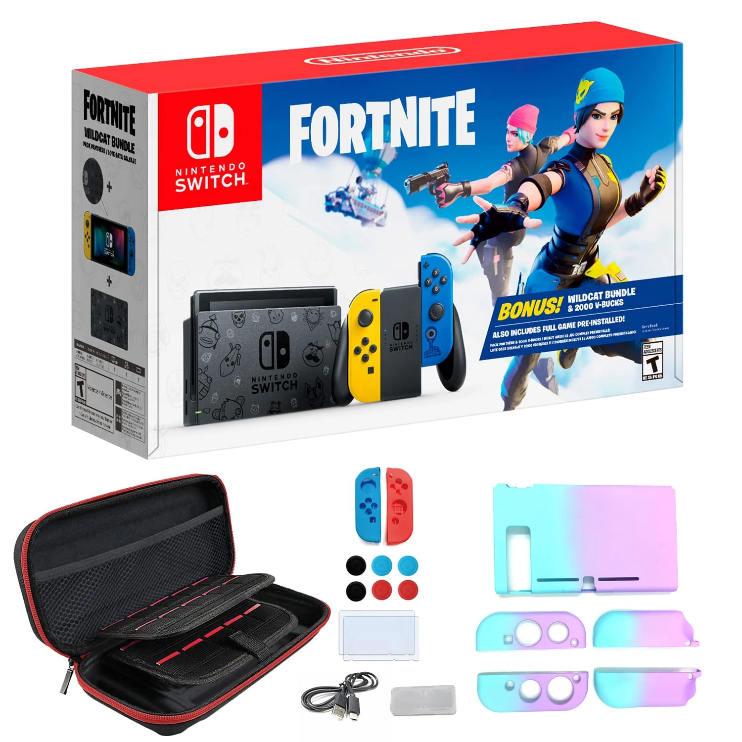 Nintendo Switch Fort nite Wildcat Edition with Yellow and Blue Joy-Con - 6.2" Touchscreen LCD Display, 32GB Internal Storage, 802.11AC WiFi, Bluetooth 4.1, Type-C - 7-in-1 Carrying Case