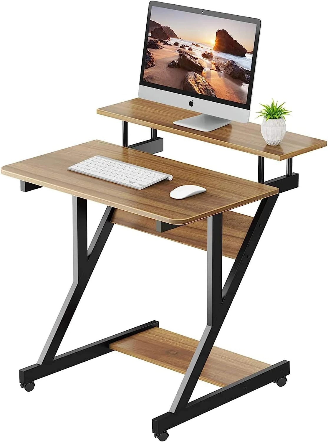 Dripex Computer Desk with Monitor Shelf - Mobile Z Shaped Home Office Desk with Storage Shelves and Movable Wheels for Small Spaces, Compact Corner Desk Space-Saving, Walnut