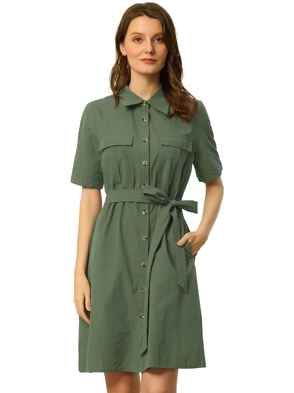 Allegra K Women's Safari Dress Summer Collared Button Down Cotton Belted Shirtdress, Army Green, L