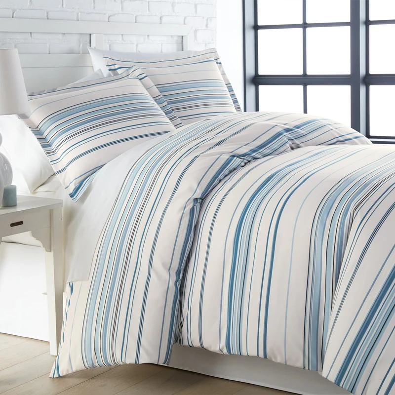 Southshore Fine Living, Inc. Oversized Striped Comforter King, Down Alternative Blue and White Comforter Set with Matching Shams, Striped Bedspread for California King Beds, Coastal Stripes Blue