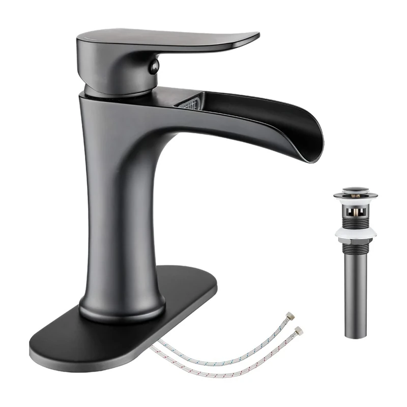 YUNDOOM Bathroom Sink Faucet Waterfall Faucet with Sink Drain Single-Handle Basin Faucet Waterfall Spout Solid Brass Sink Faucet Basin Mixer Tap Matte Black