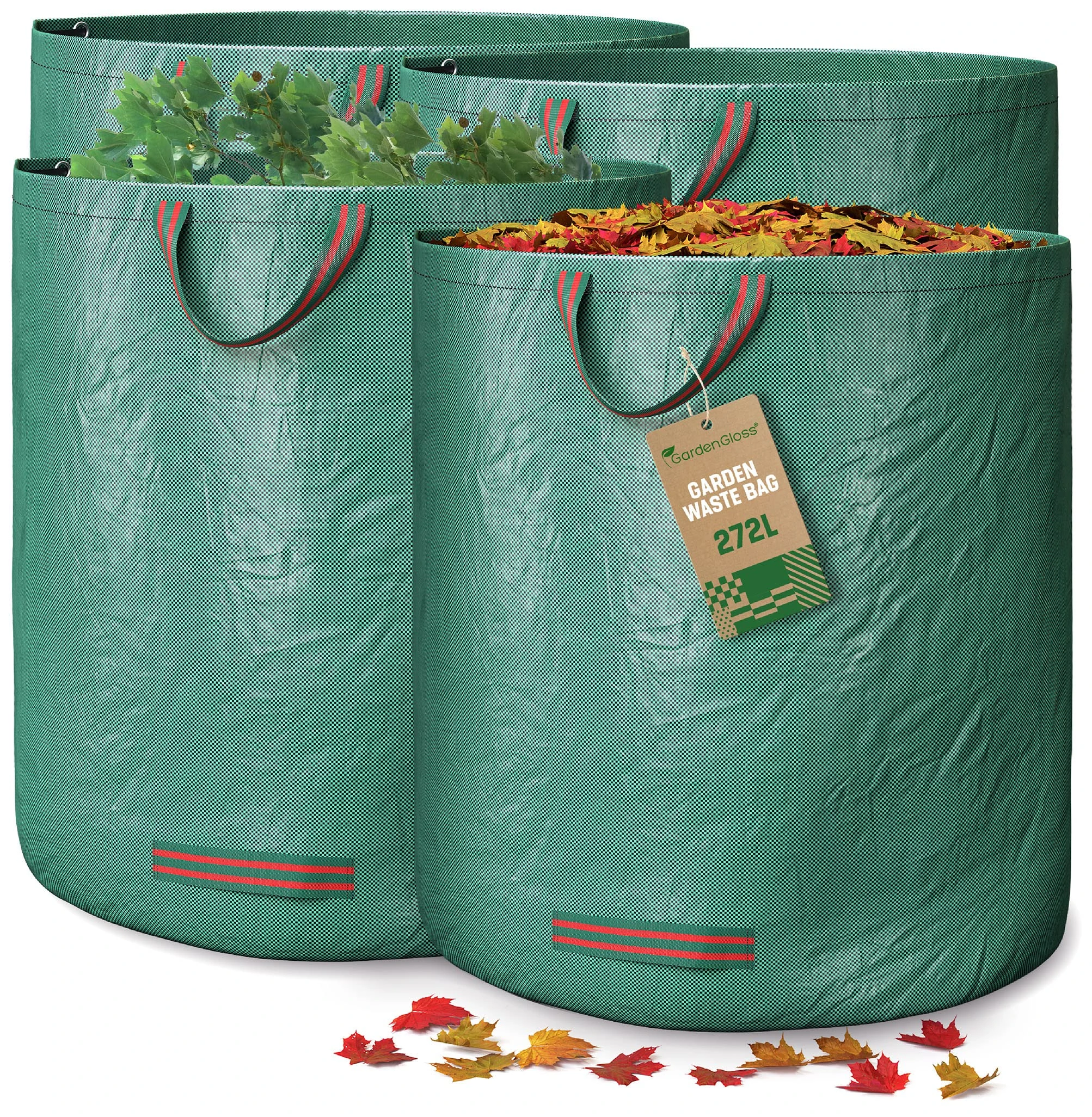 GardenGloss® Garden Waste Bags Heavy Duty with Handles (4pcs) - 272L High Capacity Garden Bag - UV Stable and Water Repellent - Reusable