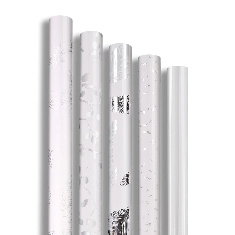Clairefontaine 211825AMZC - A Box Of 10 Rolls Of Gift Paper - Premium Paper 80g - Dimensions : 2x0,70m - Pattern : White, Glossy, Feathers, Flowers - Wrapping