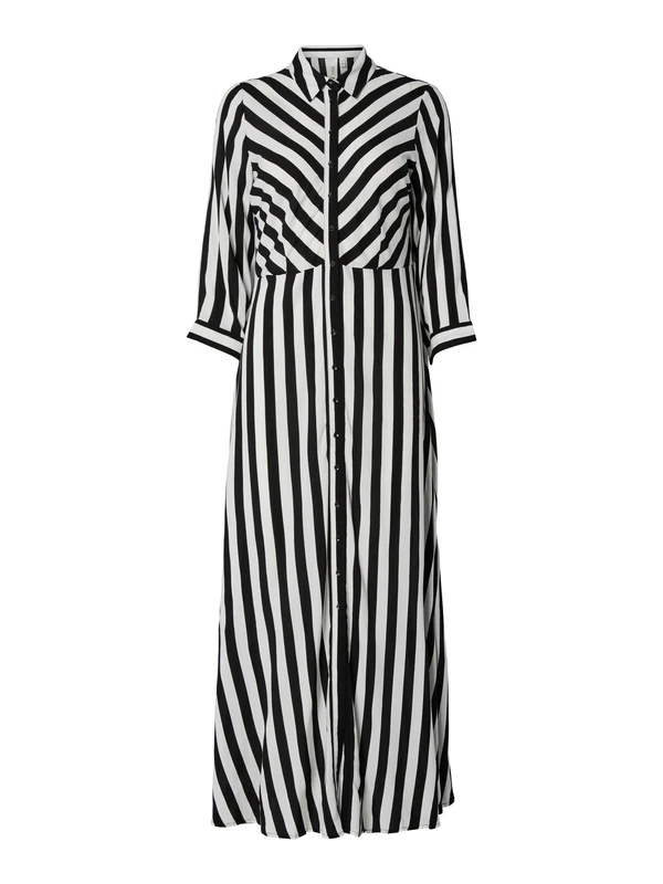 YAS Women's Yassavanna Long Shirt Dress S. Noos Dress, Black/Stripes:w White Stripes, M
