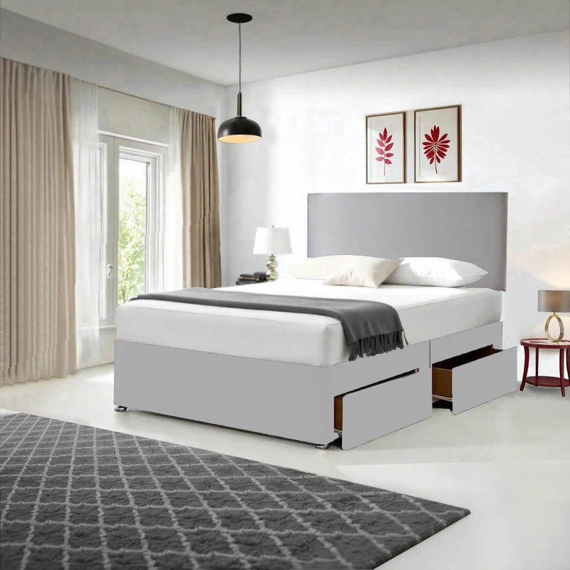 5FT Grey Divan Bed with Spring Mattress 10", Plain Headboards and 2 Storage Side Drawers |Chenille Fabric Divan Bed | 5FT King Size- 2 Storage Drawers