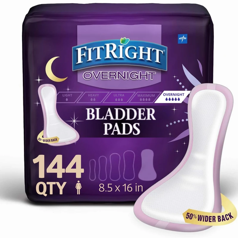 Medline FitRight 24 Pack Night Bladder Control Pads, Maximum Absorbency, Night Incontinence Protection, 8.5 x 16 cm, 24 Pieces Per Bag (6 Bags)