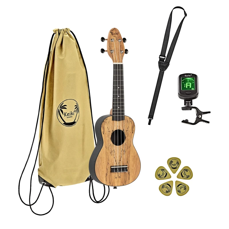 Ortega Guitars Soprano Ukulele Acoustic – Keiki K3 Series – Including Accessories – Spalted Maple, ABS, Natural (K3-SPM)