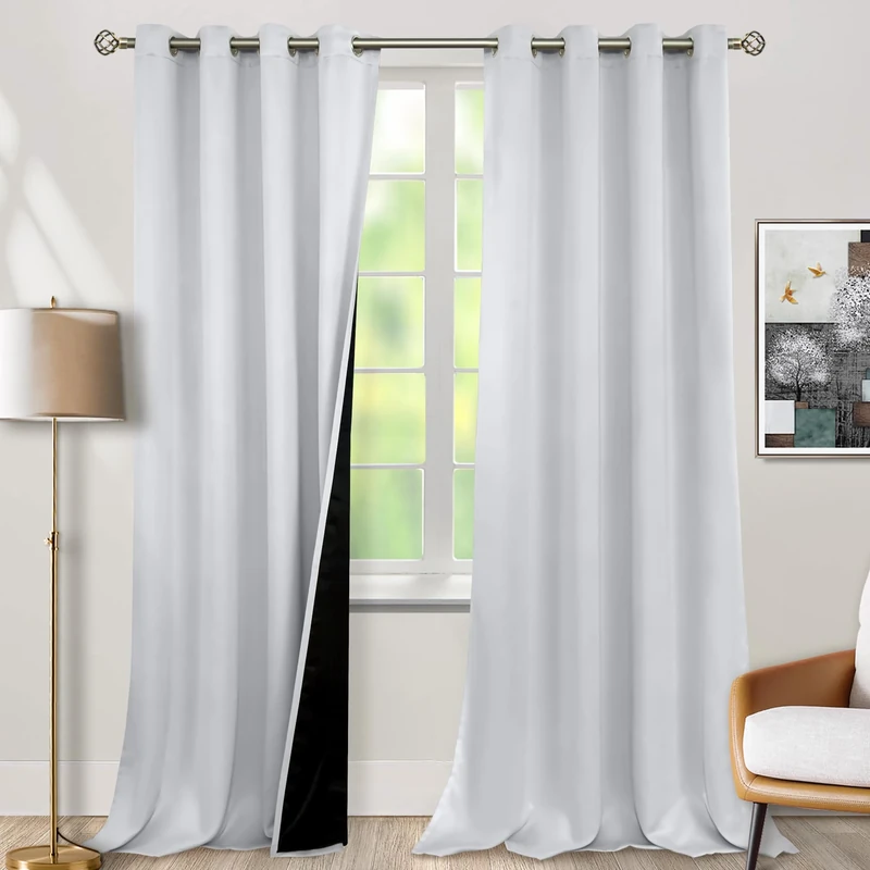 BGment Thermal Insulated 100% Blackout Curtains for Bedroom with Black Liner, Double Layer Full Room Darkening Noise Reducing Grommet Curtain (52 x 95 Inch, Greyish White, 2 Panels)