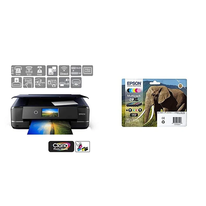 Epson Expression Photo XP-970 Print/Scan/Copy Wi-Fi Printer, Black & 24XL Elephant High Yield Genuine Multipack, 6-colours Claria Photo HD Ink Cartridges, Black/Yellow/Magenta/Cyan, XL High Capacity