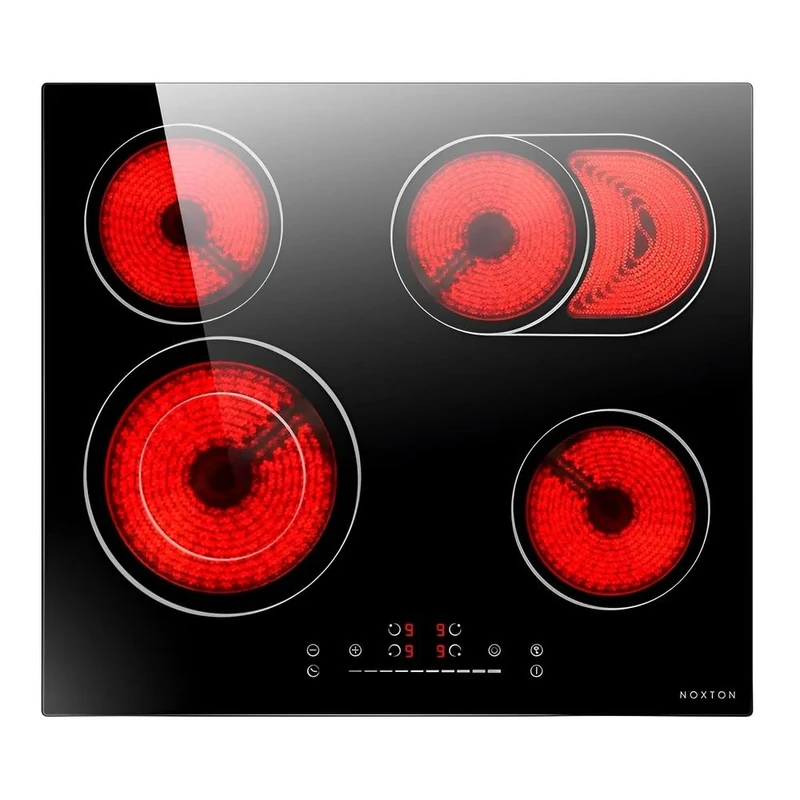 NOXTON Ceramic Hob, Built-in 4 Ring Electric Hobs 59 cm with Extended Zone Slide Control Timer Noise-free Safe Lock Heat Indicator Auto Shut-off Black Glass
