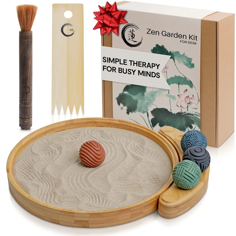 ENSO - Japanese Zen Garden Kit for Desk - Sand Garden Tools and Accessories Box Set for Office Desktop - 12” Large Round Bamboo Tray, 4 Stamp Spheres, Natural Sand, Rake - Mini Zen Decor Gifts