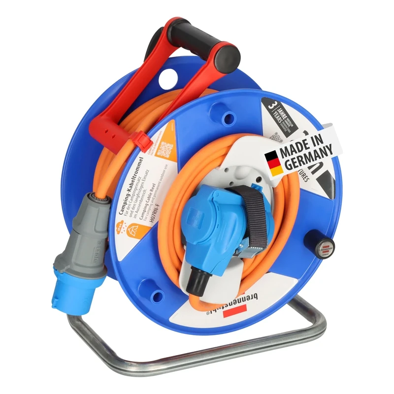 Brennenstuhl Camping cable reel with 25m cable in orange (CEE cable reel with CEE angle coupling incl. earth contact combination socket + CEE plug, for outdoor use, Made in Germany)