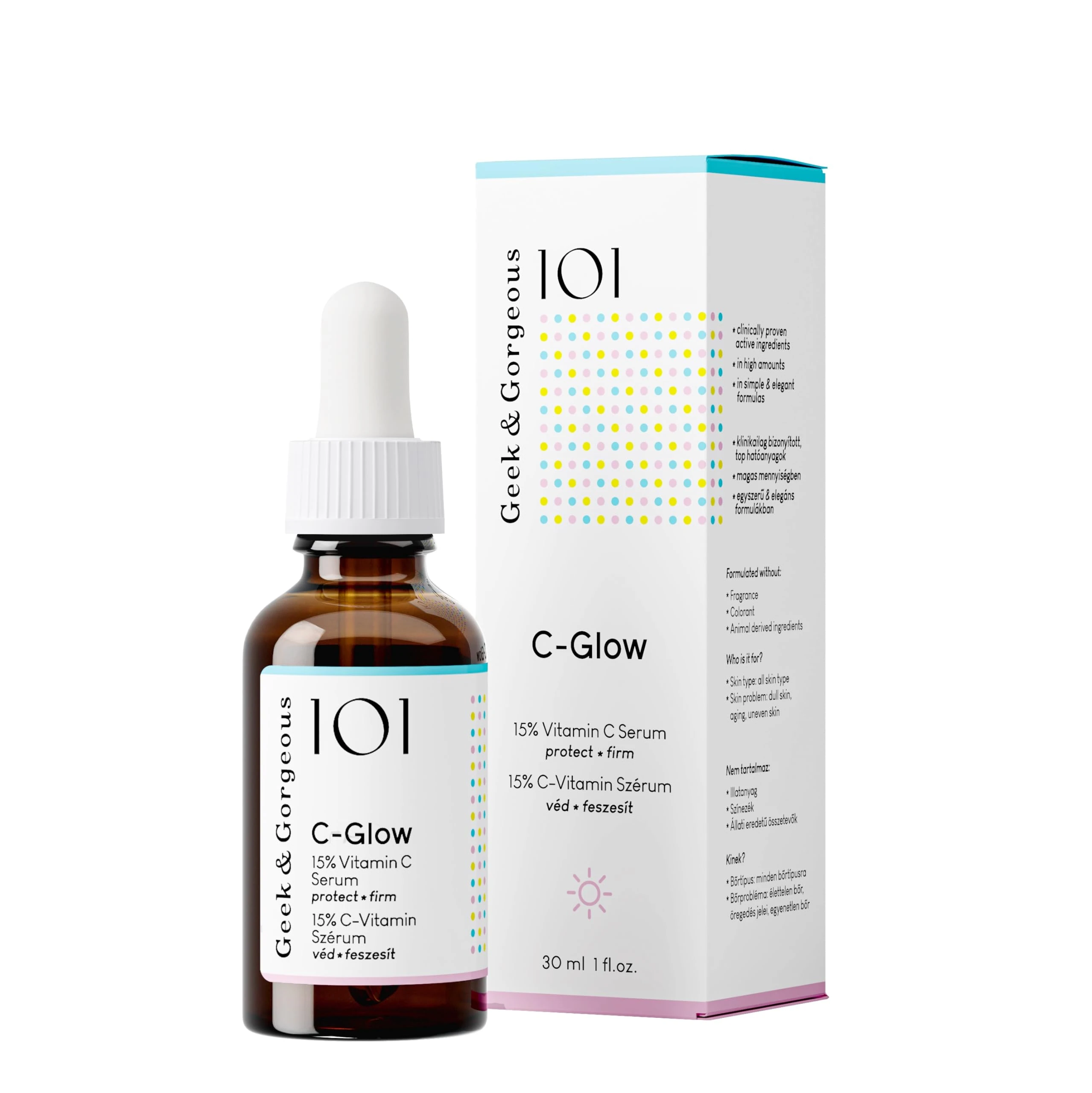 Geek & Gorgeous 101 C-Glow - 15% Vitamin C Serum, super-light + Ferulic acid & vitamin E, gives environmental protection, boost collagen & evens skin tone - all skin types, 30ml