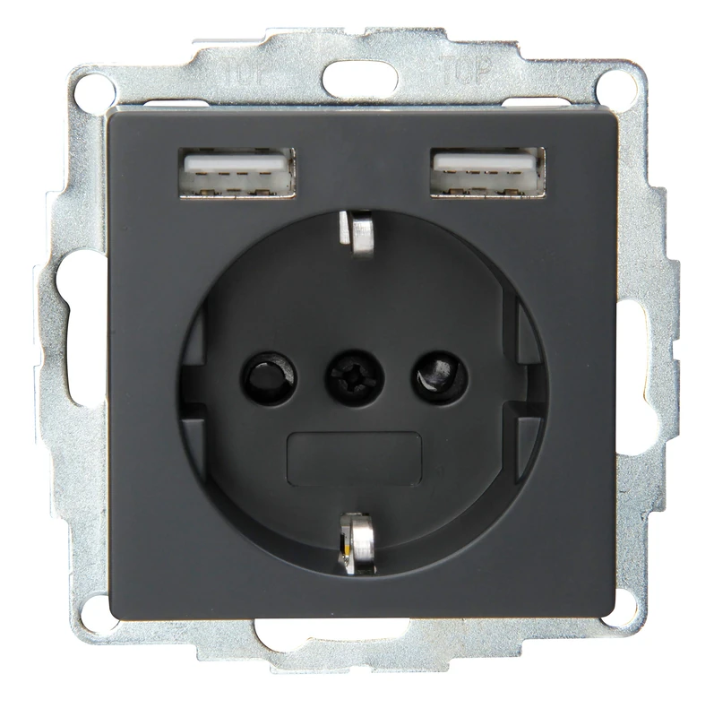 Kopp Athenis Flush-Mounted Earthing Contact 2 USB Charging sockets, Anthracite, 296215182, Charcoal, Steckdose + 2xUSB