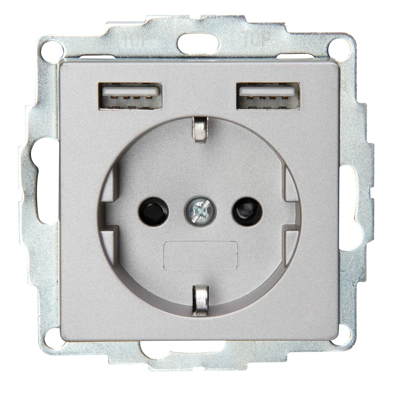 Kopp Athenis 296247185 Flush-Mounted Protective Contact Socket with 2 USB Charging Sockets, Steel-Coloured