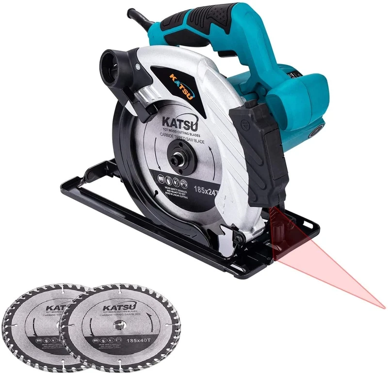 KATSU Tools Circular Saw 185mm 7 Inch 1600W Electric Saw with Laser Guide and 2 Blades 24T/40T, for Woodworking Wood Soft Metal and Plastic Cutting 100793