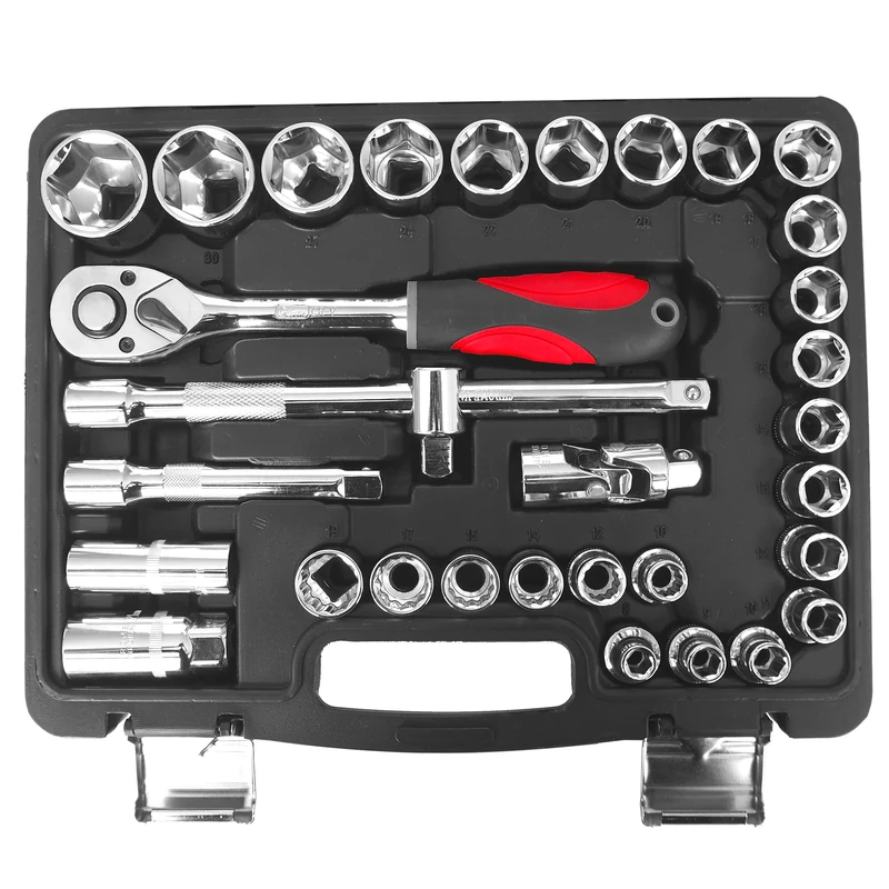 32 Piece 1/2 Inch Drive Socket Set, Ratchet, Extensions and Spark Plug Sockets, Automotive Tool Kit
