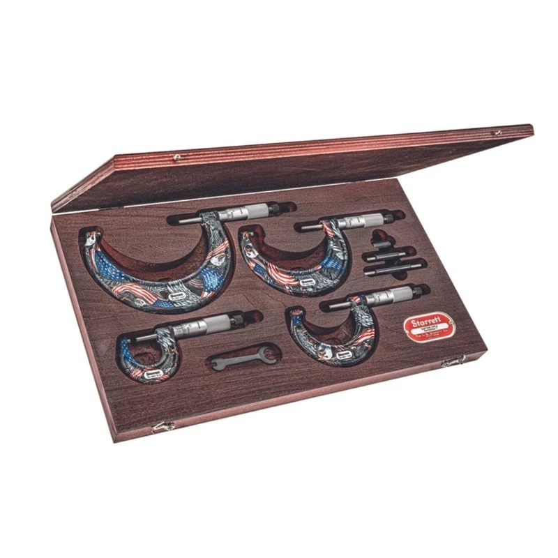 Starrett Outside Micrometer Set with Smooth Friction Thimble, Combination Ratchet and Speeder - American Pride Theme, 0-4" Set Range.0001" Graduations - SAPT436.1XRLZ