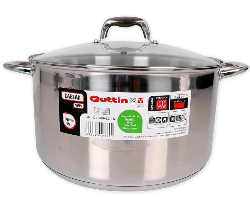 Quttin New Caesar – Professional Induction Pot, Kitchen and Oven, Large Saucepan, Non-Stick Stainless Steel, Glass Lid and Handles, 32 cm/7 L - Image 1