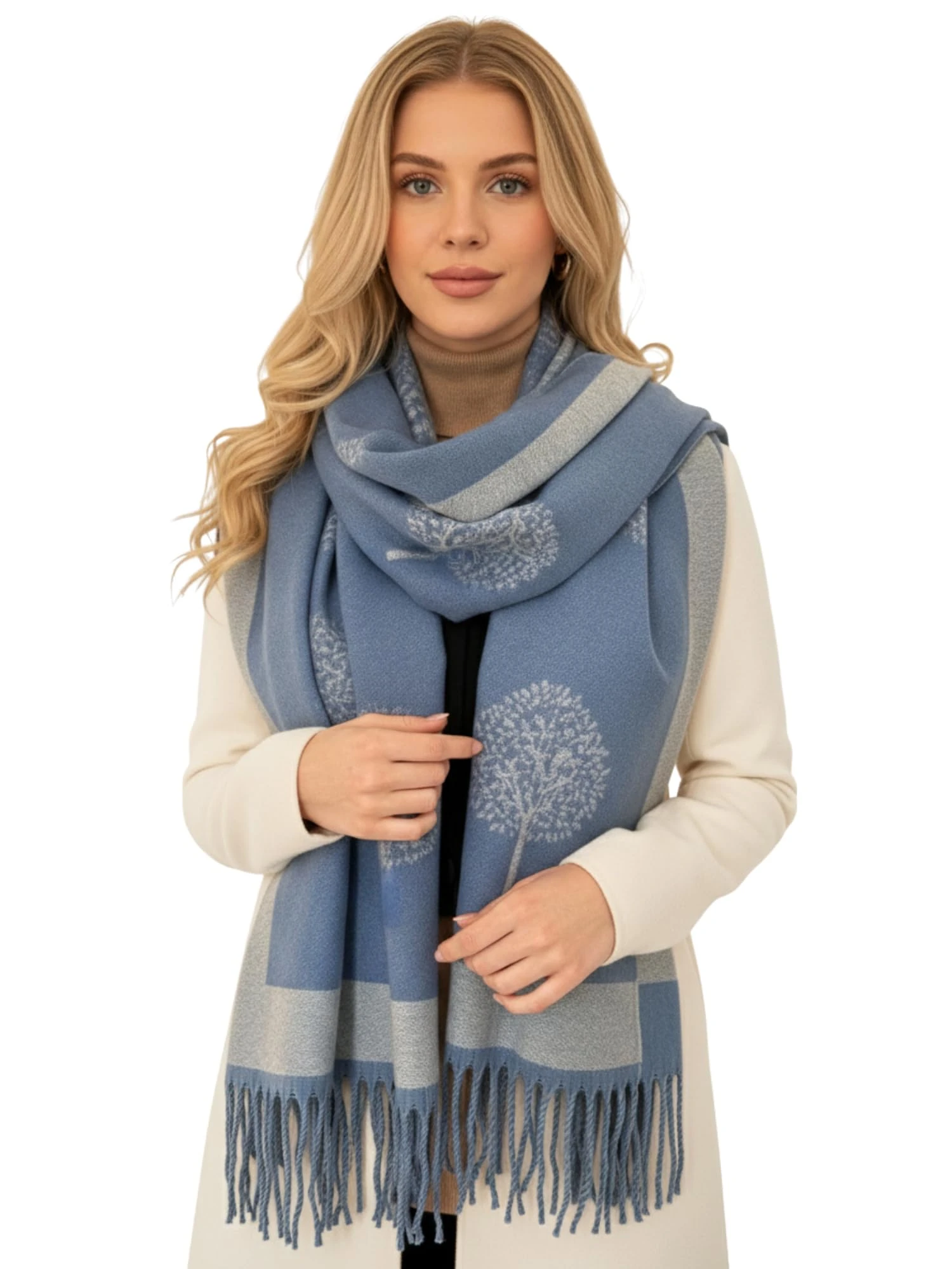 Cashmere Mulberry Tree Blanket Scarf - Reversible Scarf Women Pashmina Shawl, Winter Scarfs Women, Large Wrap, Warm Scarf, Tree of Life Print Ladies Scarves Long Wraps, Womens Gifts (Blue)