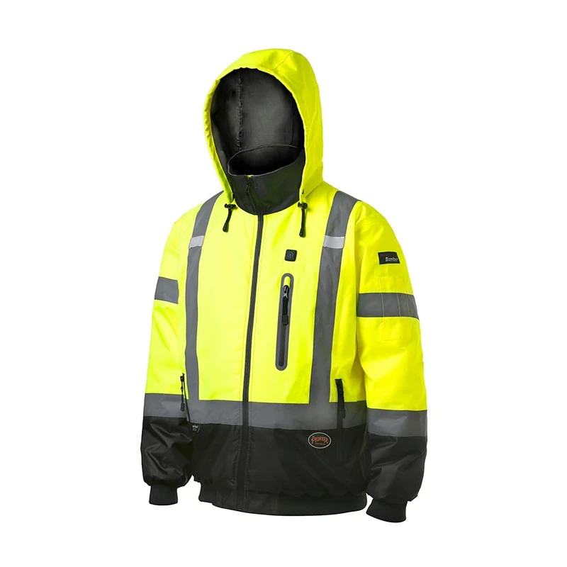 Pioneer High Visibility, Waterproof, 300D Nano Tech Heated Safety Bomber Jacket with Detachable Hood, Reflective Tape, Yellow, V1210160U-M, Medium - Image 1