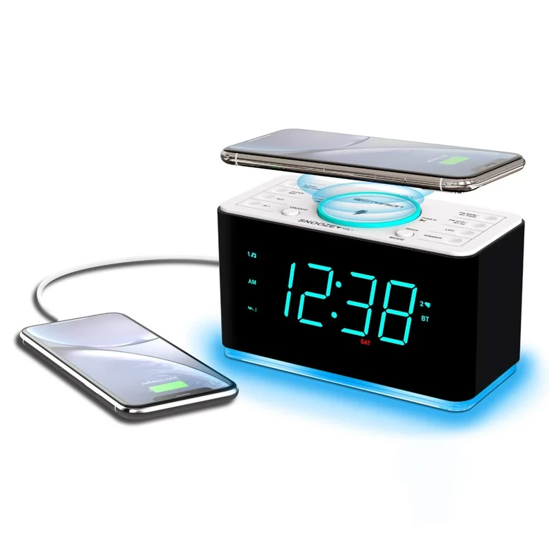 Emerson ER100401 Smartset Alarm Clock Radio, 15Watt Ultra Fast Wireless Charging Dual Alarm Clock Radio with Bluetooth Speaker, USB Charger, Cyan LED Night Light and 1.4" Display