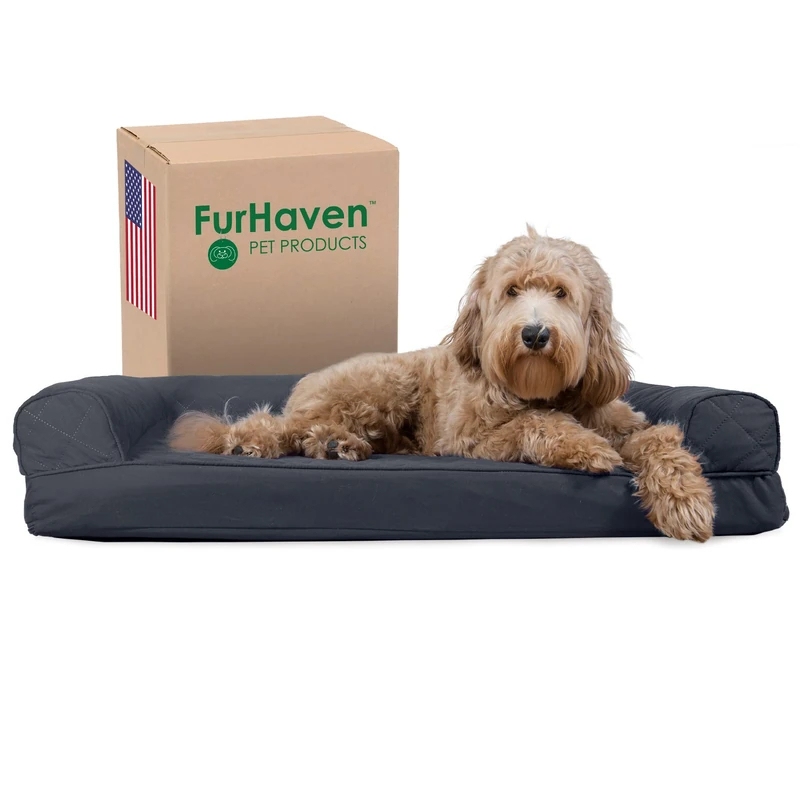 FurHaven Cooling Gel Dog Bed for Large/Medium Dogs w/Removable Bolsters & Washable Cover, For Dogs Up to 55 lbs - Quilted Sofa - Iron Gray, Large