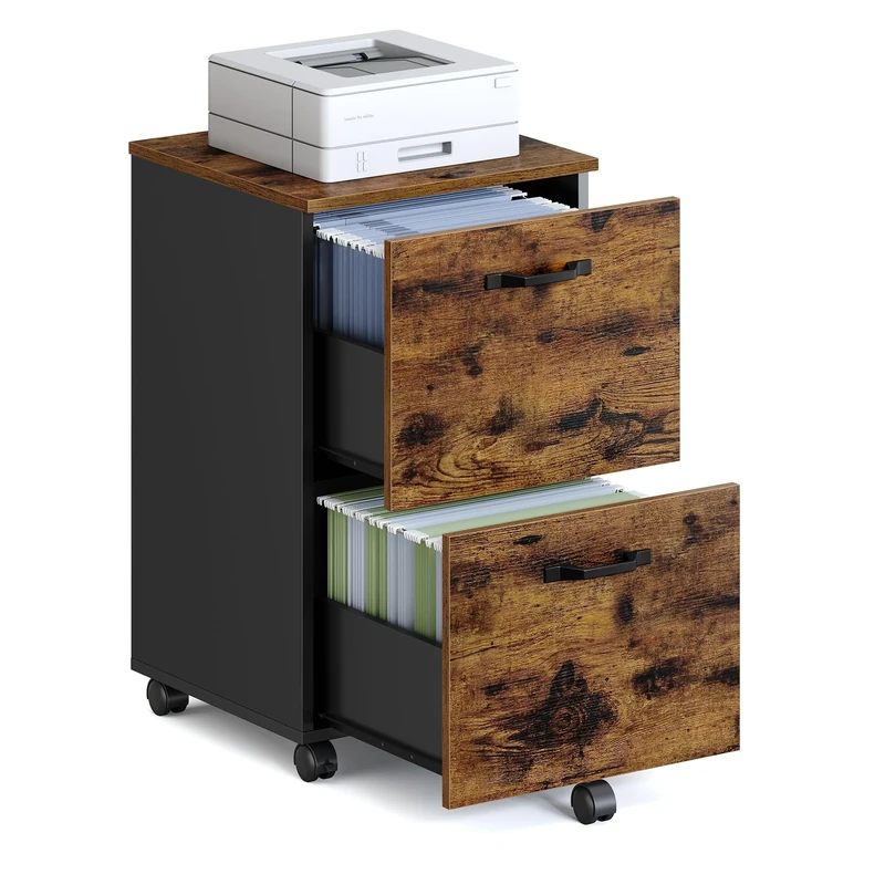 VASAGLE OFC040B01 Cabinet with 2 Drawers, Office Cabinet on Wheels, for A4 Documents, Hanging Files, Industrial Style, Rustic Brown and Black