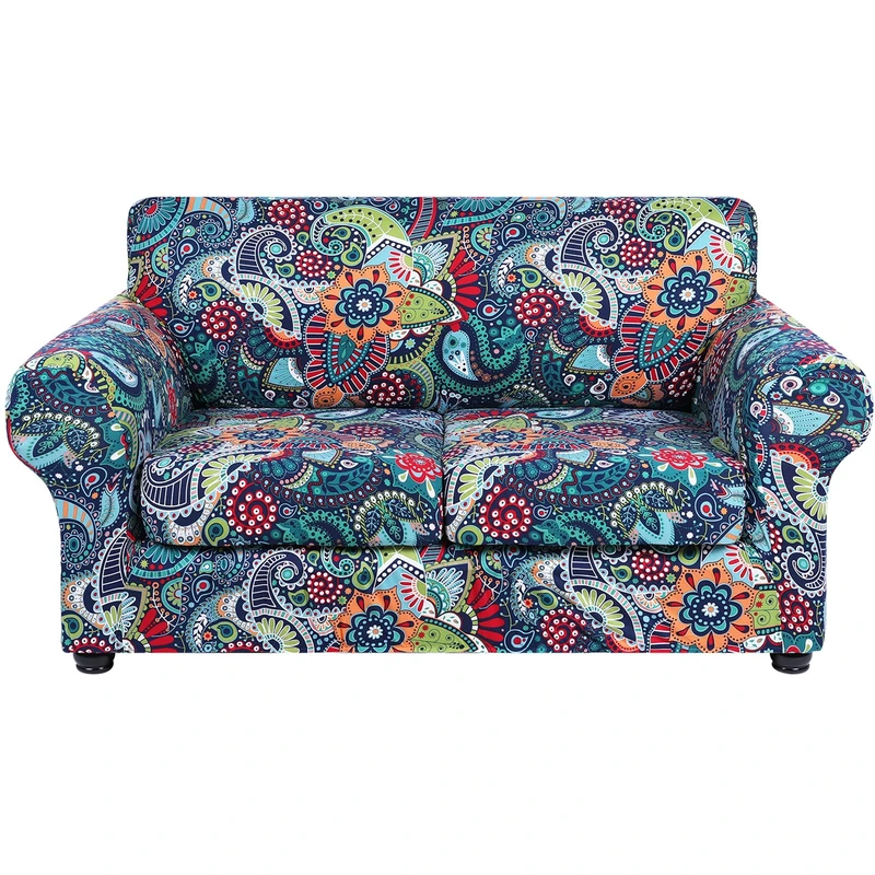hyha Printed Couch Cover for 2 Cushion Couch - Floral Pattern Sofa Cover with Separate Cushion Cover, 3 Pieces Stretch Loveseat Slipcover Washable Furniture Protector (Loveseat, Paisley Floral)