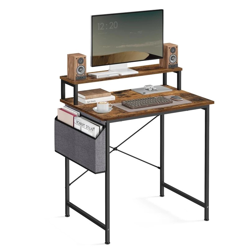 VASAGLE Computer Desk with Monitor Riser, Fabric Pouch, X-Bar Reinforcement Bars, Adjustable Legs, 55 x 80 x 90.5 cm, Industrial Style, Rustic Brown and Black LWD080B01 - Image 1