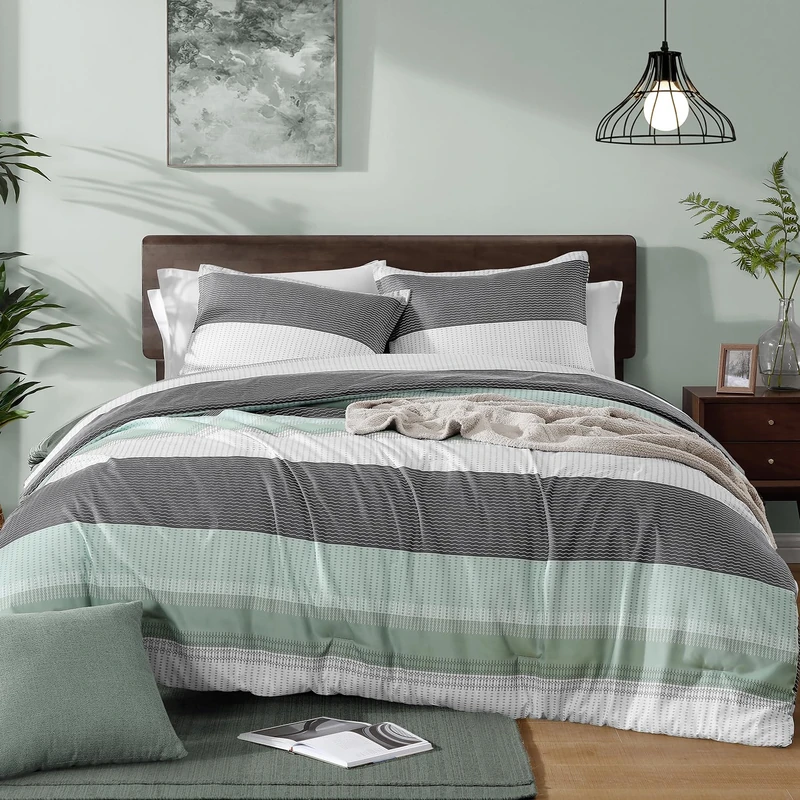 Andency Striped Comforter Set King Size (104x90 Inch), 3 Pieces (1 Mint Stripe Comforter, 2 Pillowcases) Soft Microfiber Down Alternative Comforter Bedding Set with Corner Loops (Mint, Green, White)