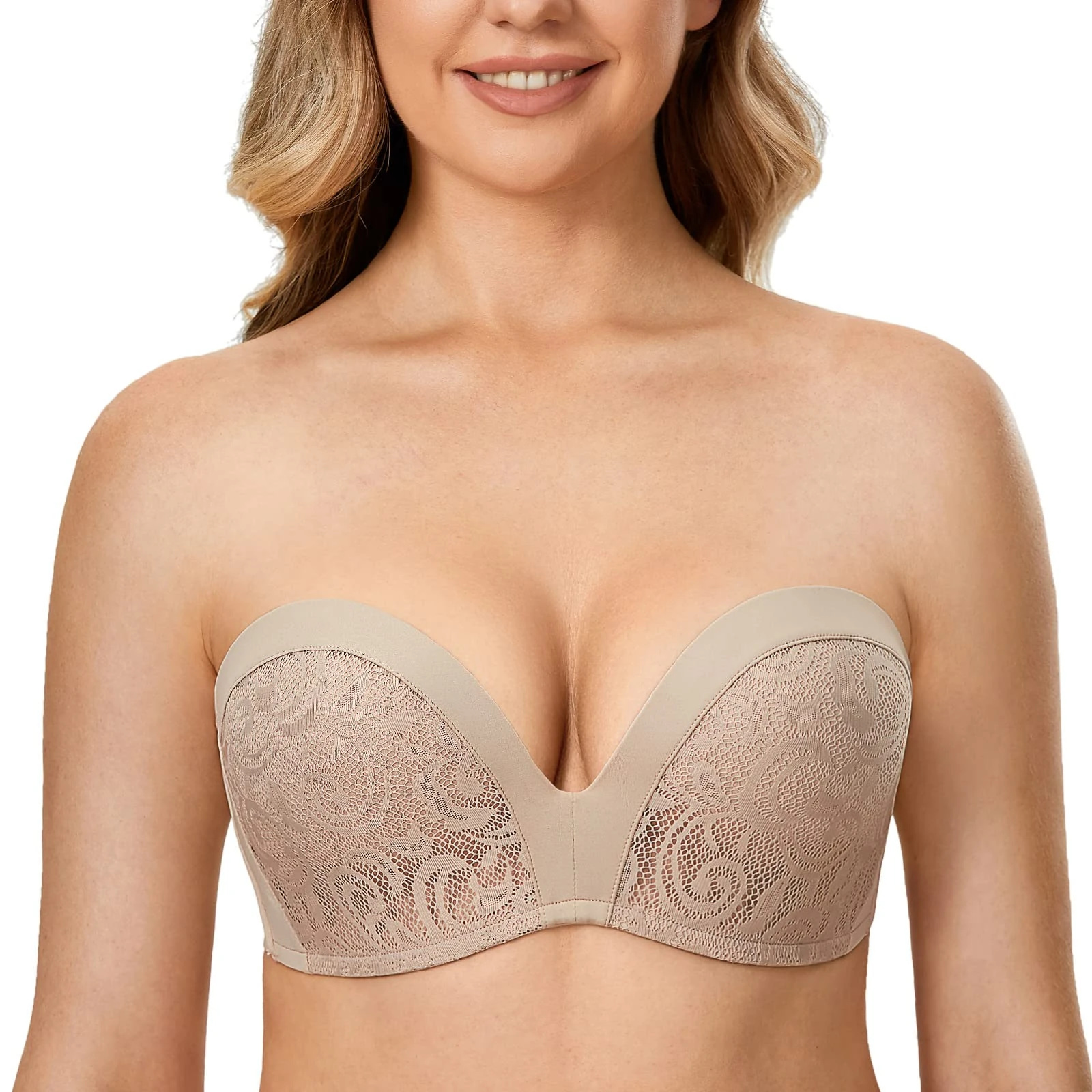 Delimira Women's Strapless Bra Padded Push Up Underwired Support Lift Plus Size Lace Bandeau Bra Cashew 42B