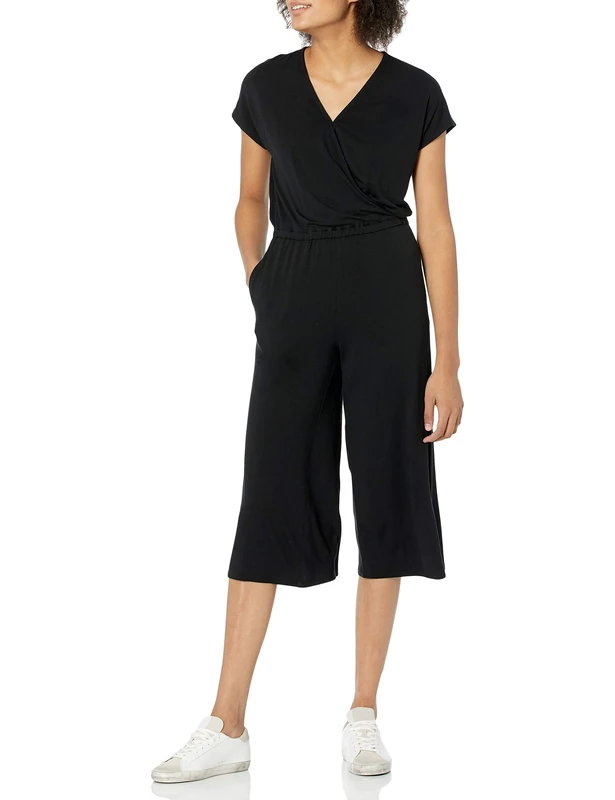 Amazon Essentials Women's Short-Sleeve Surplice Cropped Wide-Leg Jumpsuit with Elastic Waist, Black, M