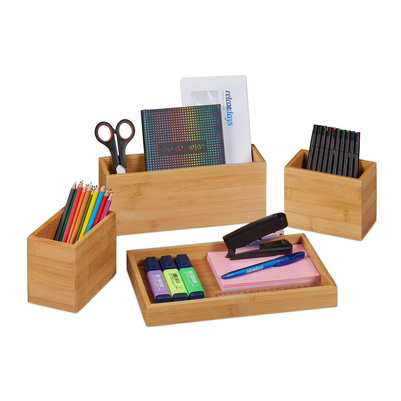 Relaxdays Desk Organiser, Set of 4, Pen Holder, Total Dimensions H x W x D: approx. 11 x 28 x 18 cm,Bamboo, Natural