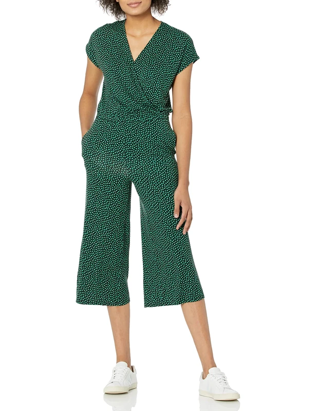 Amazon Essentials Women's Short-Sleeve Surplice Cropped Wide-Leg Jumpsuit with Elastic Waist, Clouds Print, M
