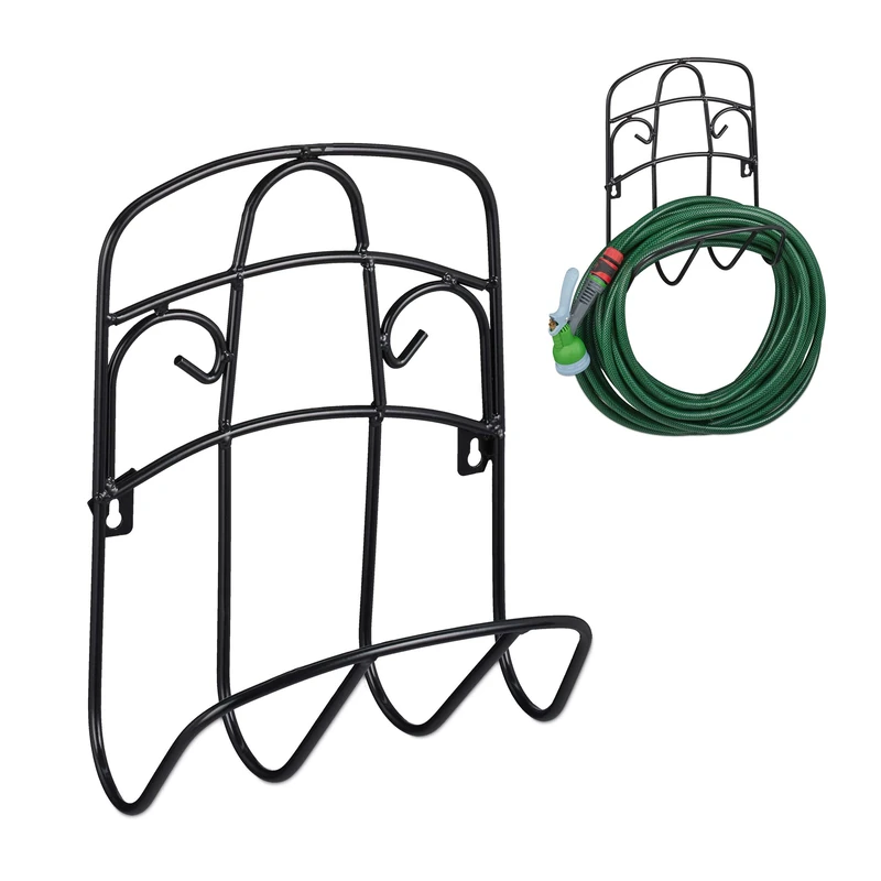 Relaxdays Wall Hose Holder for 38 m 5/8 Inch Hose, Garden Hose Holder, Metal Water Hose Holder, Black
