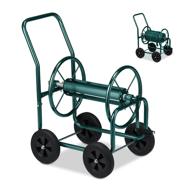 Relaxdays Hose Trolley, Up to 60 Meters, 4 Rubber Wheels, H x W x D: 82 x 48 x 80 cm, Steel, Green