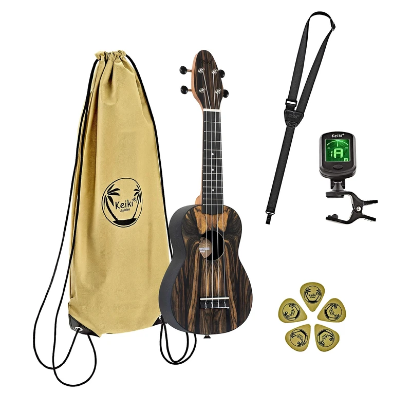 Ortega Guitars Soprano Ukulele Acoustic – Keiki K3 Series – Including Accessories – White Ebony, ABS, Natural (K3-WEB)