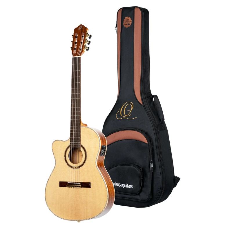 Ortega Guitars Classical Guitar Left-Handed – Electro-Acoustic, 4/4, Slim Neck, Thinline Body – Performer Series – Including Gig Bag – Solid Sitka Spruce / Sapele, Natural (RCE138-T4-L) - Image 1