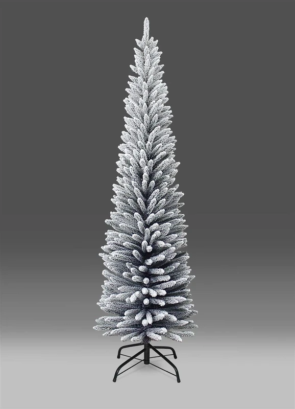 8Ft/2.4m Slim Christmas Tree Artificial Snow Flocked Frosted Pencil Tree 828 Pointed Tips, Metal Stand, Holiday Home Decorations